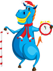 веселая синяя лошадь символ нового года с часами и конфетой