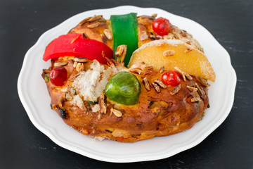 Christmas cake on white plate