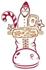Nikolausstiefel mit Nikolaus, Lebkuchen und Zuckerstange.