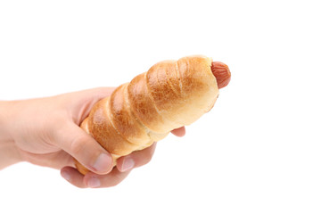 Hand holds hot dog baked.