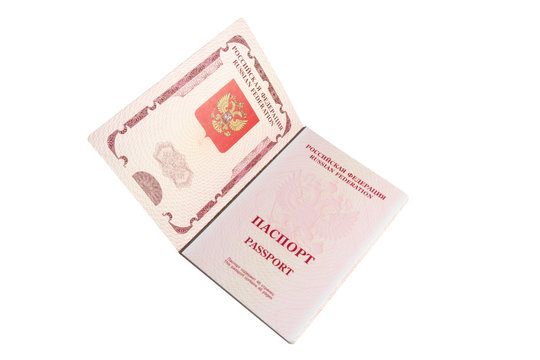 Opened foriegn Russian passport isolated on white with path