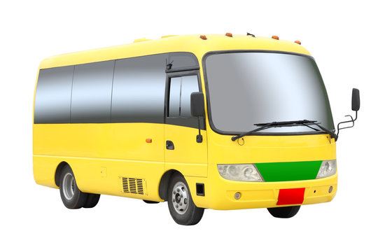 Yellow tourist mini bus on white background.