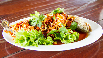 Deep Fried Snakehead Fish Serve with Herb and Spicy Sauce