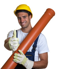 Latin worker with water pipe showing thumb