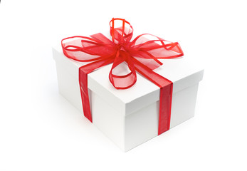 Christmas present wrapped with a red ribbon and bow.