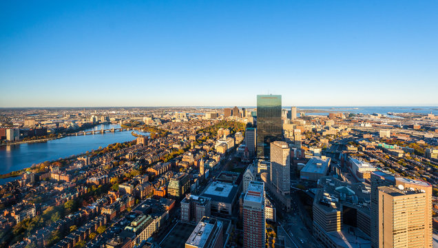 Boston Aerial View With Skyscrapers At Sunset