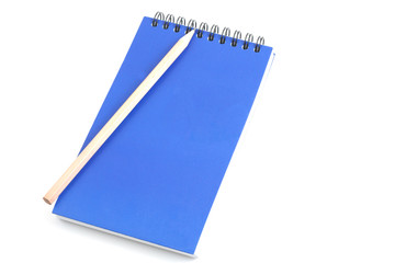 notebook spiral bound and pencil on white background