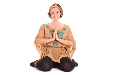 girl pilatos yoga isolated on white background