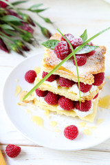 raspberry dessert with cream air, millefeuille