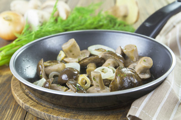 Mushrooms on a frying pan