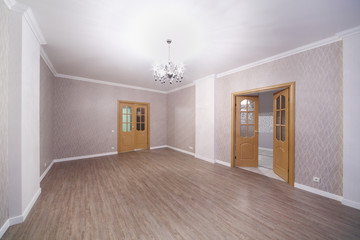 Spacious light room with wooden floor and opened doors