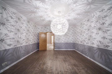 Spacious room with unusual chandelier and opened door
