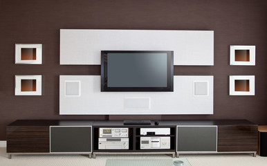 Modern Home Theater Room Interior with Flat Screen TV