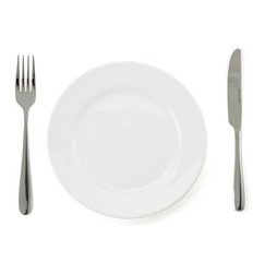 plate, knife and fork  on white