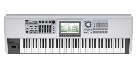 top view of gray synthesizer isolated on white background © Tiler84