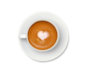 Latte coffee with heart symbol isolated on white background