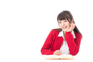 attractive asian woman reading book