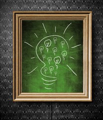 Idea concept light bulb chalkboard in old wooden frame