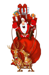 Santa Claus on flying reindeer with gift bag