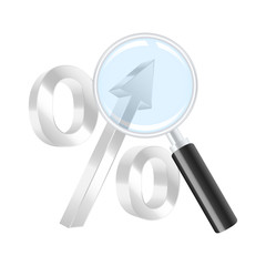 Growing percent symbol and magnifying glass. Vector illustration
