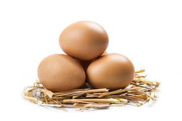 Huevos de gallina aislados sobre un fondo blanco