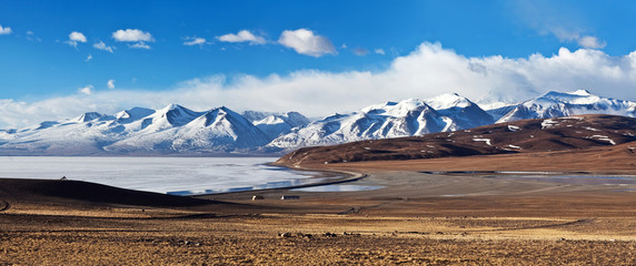 Panorama of Lake Manasarovar and Gurla Mandhata Peak, Tibet
