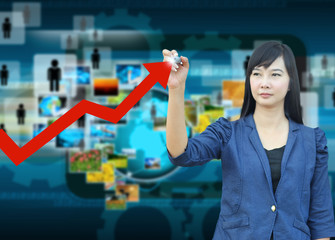 businesswomen hand writing rising arrow