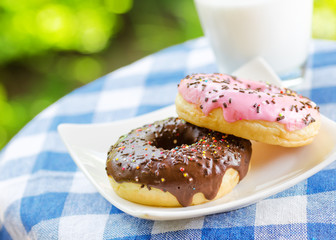 Fresh donuts and glass of milk on nature background