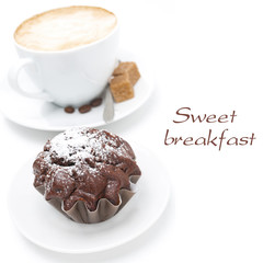 chocolate muffin, cup of cappuccino with brown sugar, isolated