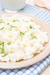 homemade cottage cheese with herbs, vertical