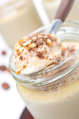 spoon of chocolate and coffee yogurt, close-up