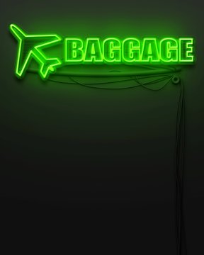 Neon glowing sign with word Baggage, copyspace