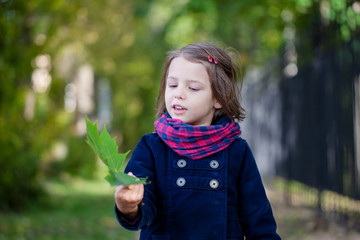 Portrait of preschooler girl in the autumn park