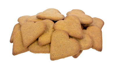 Heart shaped ginger snap cookies on a white background