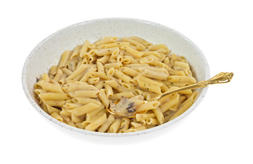 Penne pasta meal in a shallow bowl with a spoon