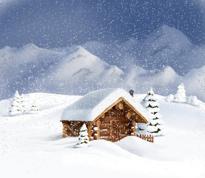 Christmas winter landscape - hut, snow, pine, fir