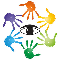 Conceptual human hand print with an eye symbol