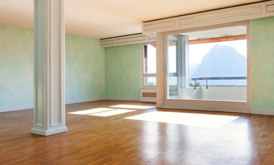 Interior, empty apartment classic, large room with windows