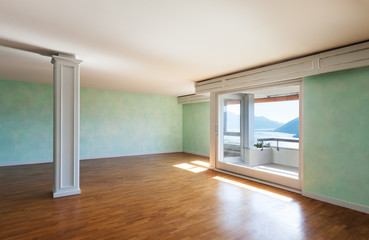 Interior, empty apartment classic, large room with windows