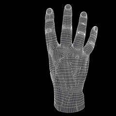 Conceptual 3D cyber black wireframe human hand