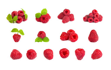 Set of a bunch of a red raspberry on a white background. Close u © Sergii Figurnyi