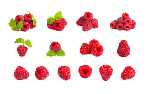 Set of a bunch of a red raspberry on a white background. Close u