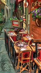 Papier Peint photo Lavable Café de rue dessiné Rue de Rome - illustration