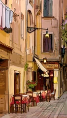 Papier Peint Lavable Café de rue dessiné Rue de Rome - illustration