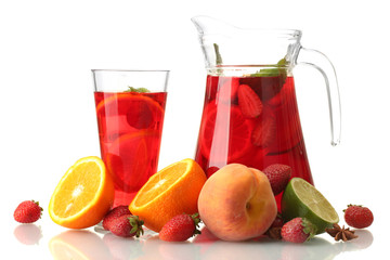 sangria in jar nad glass with fruits, isolated on white