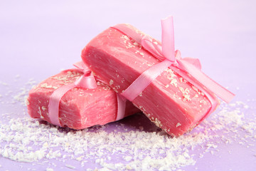 Natural handmade soap, on purple background