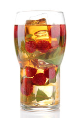 Iced tea with raspberries and mint isolated on white