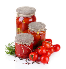 Tasty canned and fresh tomatoes, isolated on white