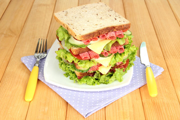 Huge sandwich on wooden table, on bright background