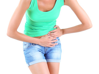 Abdominal pain on gray background
